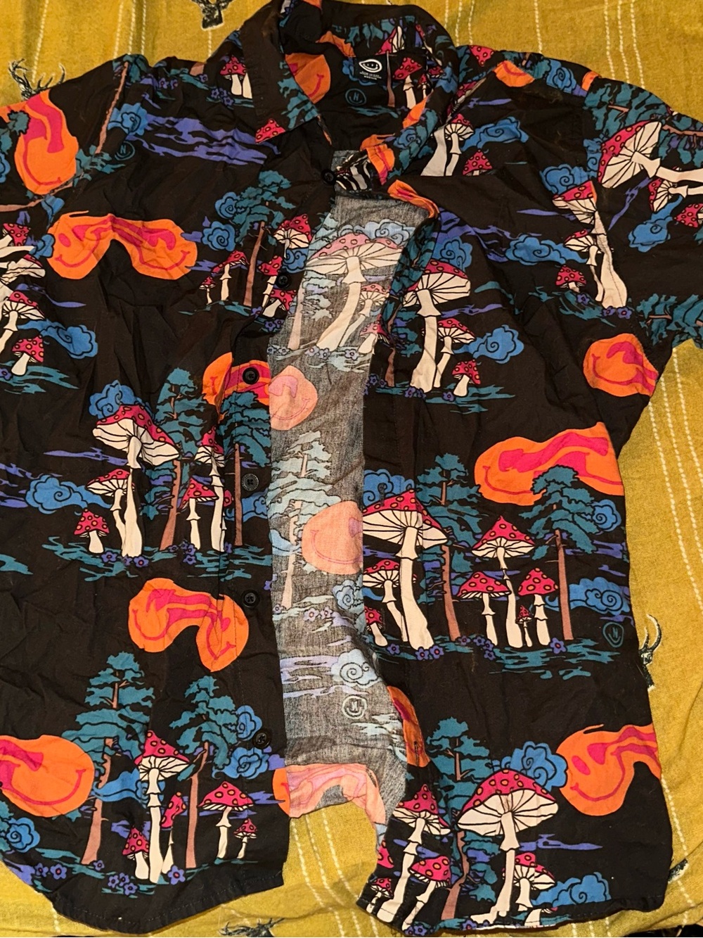 Neff Black Button-Up Shirt with Orange, Blue & Pink Mushroom Print